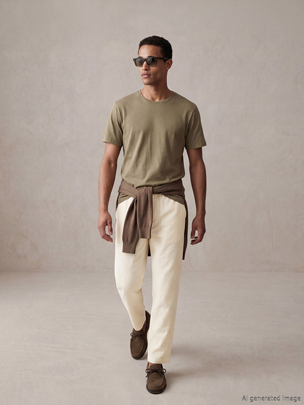 Bej Loose Fit Dokulu Erkek Pantolon-1