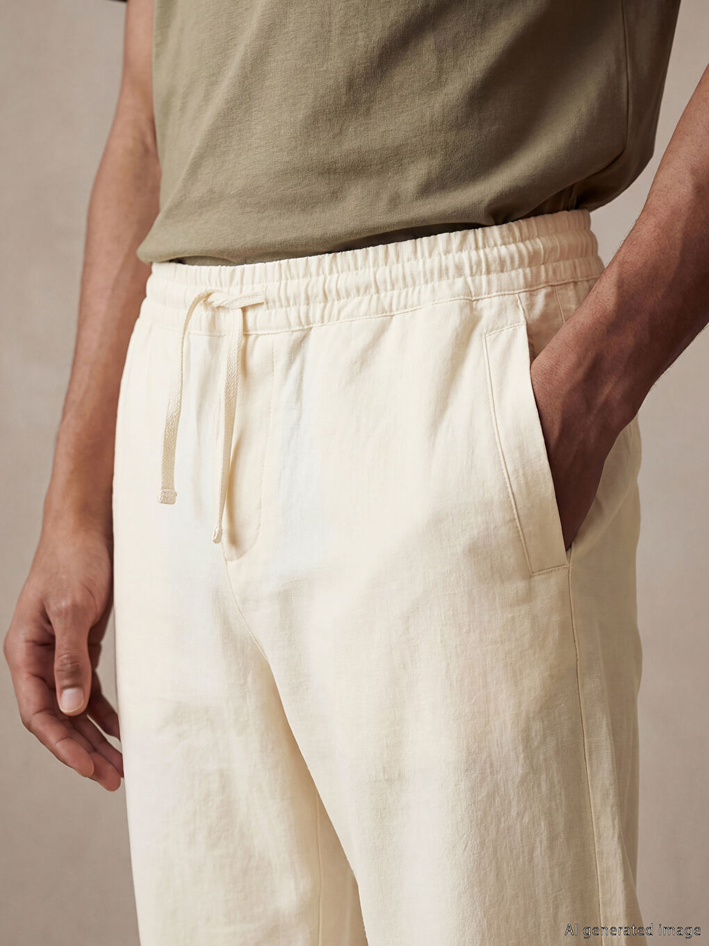Bej Loose Fit Dokulu Erkek Pantolon-4