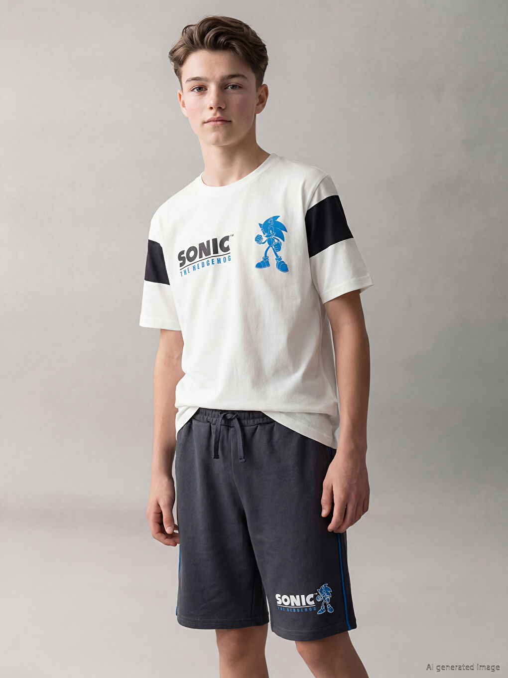 Tricou băieți cu guler rotund imprimat Sonic