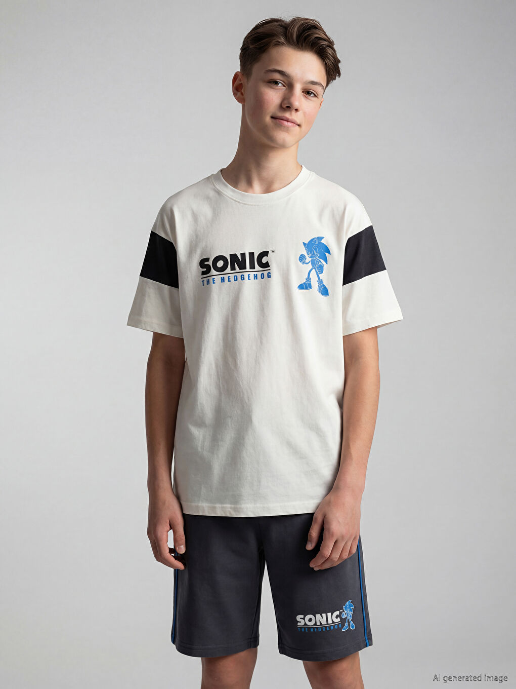 Tricou băieți cu guler rotund imprimat Sonic-1