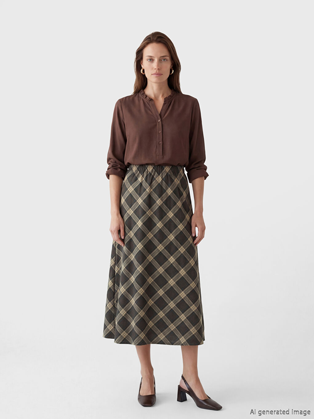 Bej Beli Lastikli Ekose Etek	