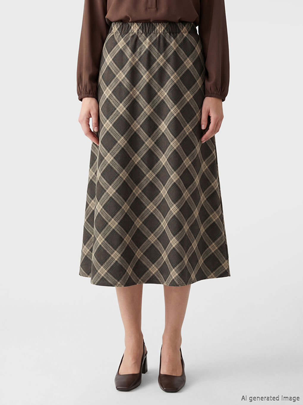 Bej Beli Lastikli Ekose Etek	-1