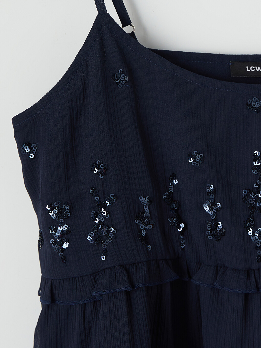 U Neck Sequined Strappy Frilled Blouse-5