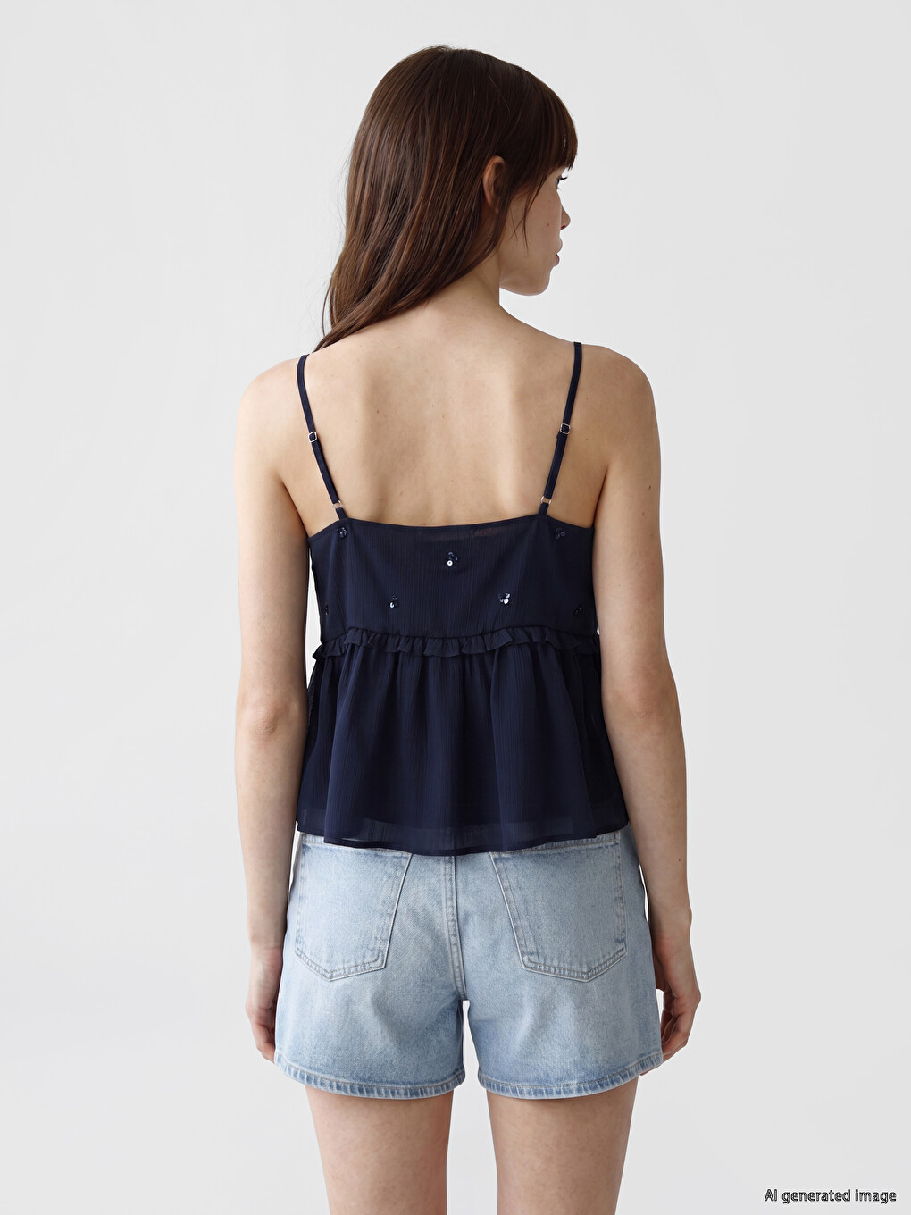 U Neck Sequined Strappy Frilled Blouse-3