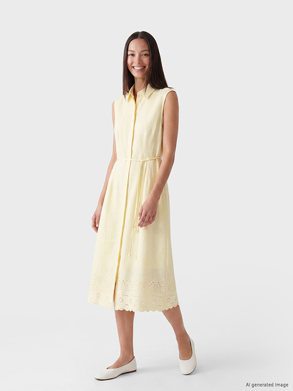 Waist Belted Linen Blend Shirt Dress