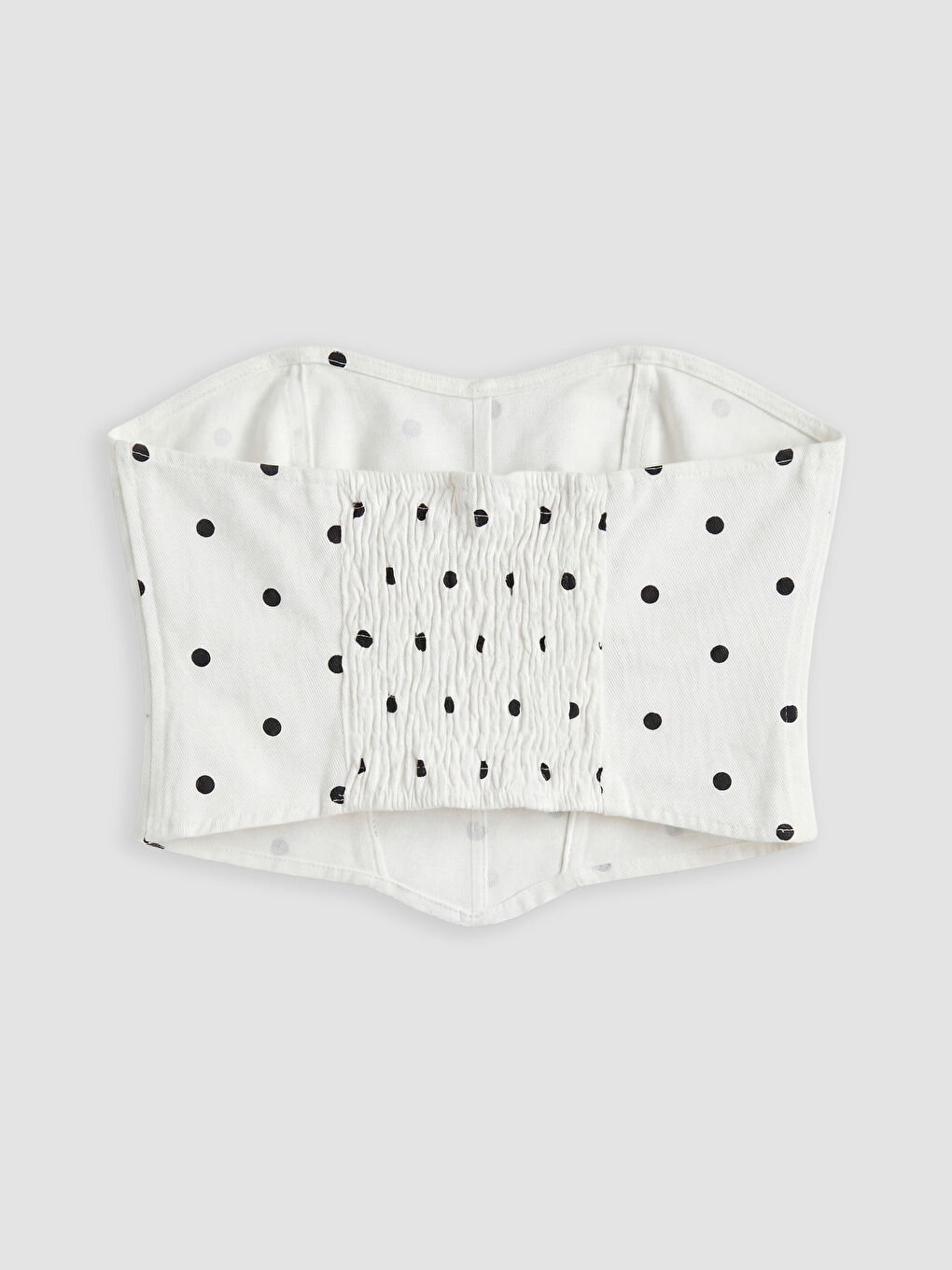 Beyaz Straplez Yaka Puantiyeli Crop Jean Bluz-5