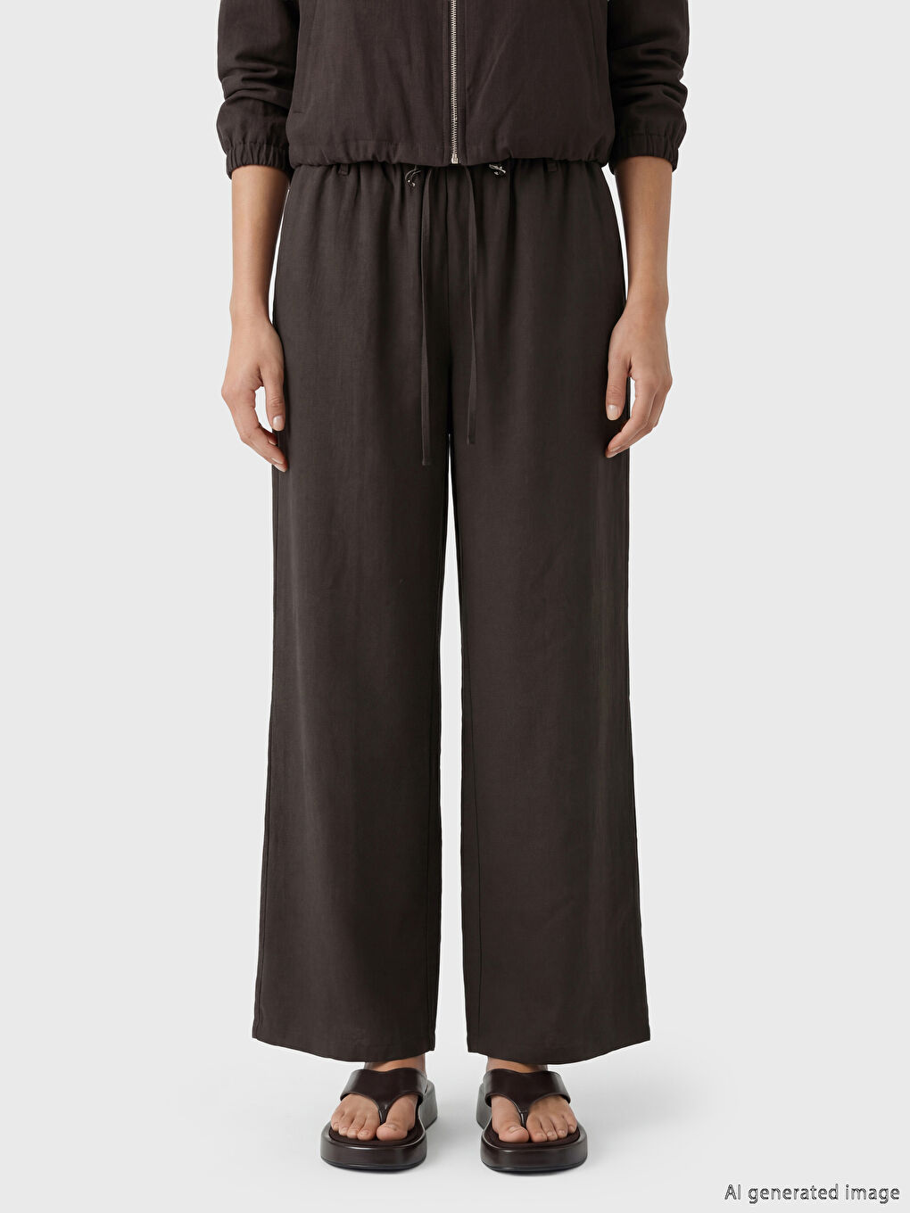 Kahverengi Beli Lastikli Geniş Paça Kadın Pantolon-1