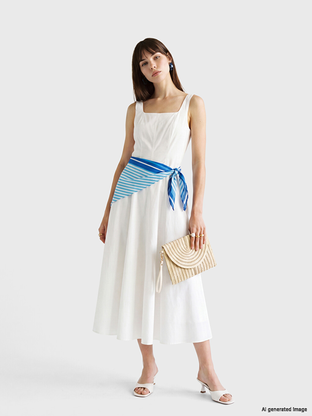 Square Neck Scarfed Flared Dress-1