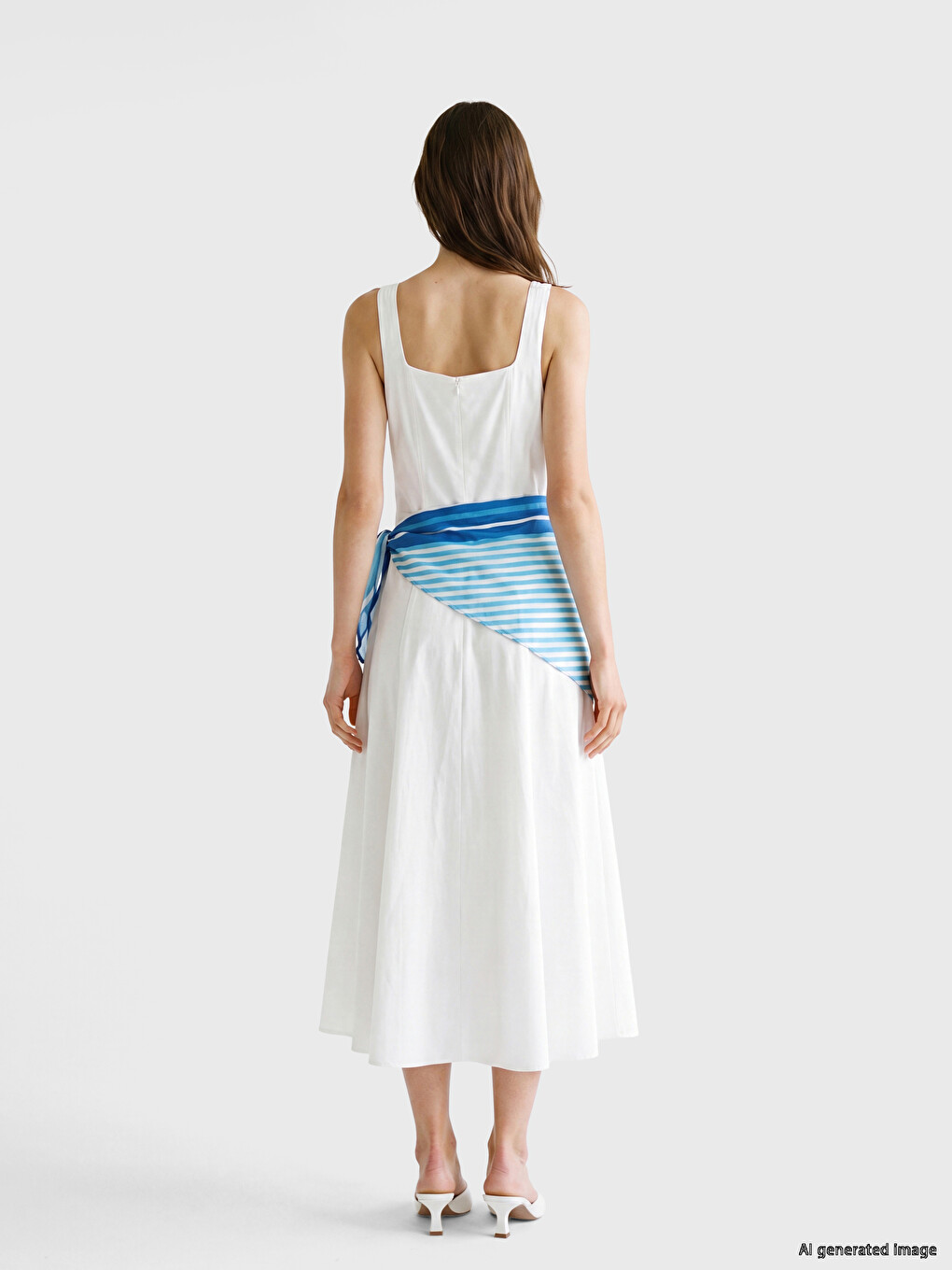 Square Neck Scarfed Flared Dress-3