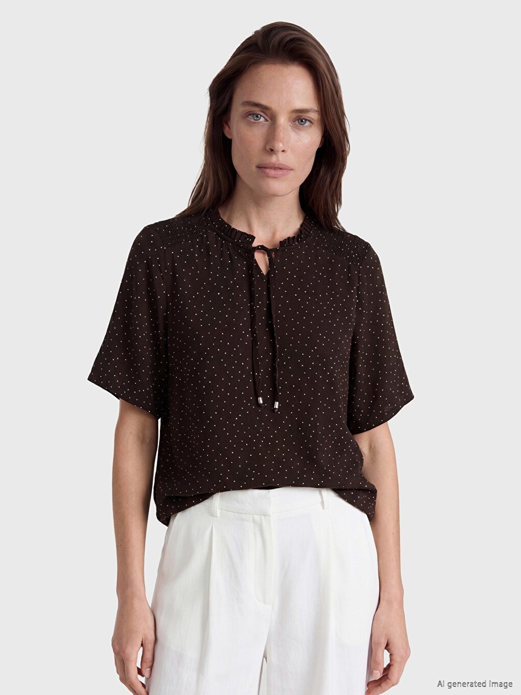 Tie Neck Frilled Polka Dot Blouse