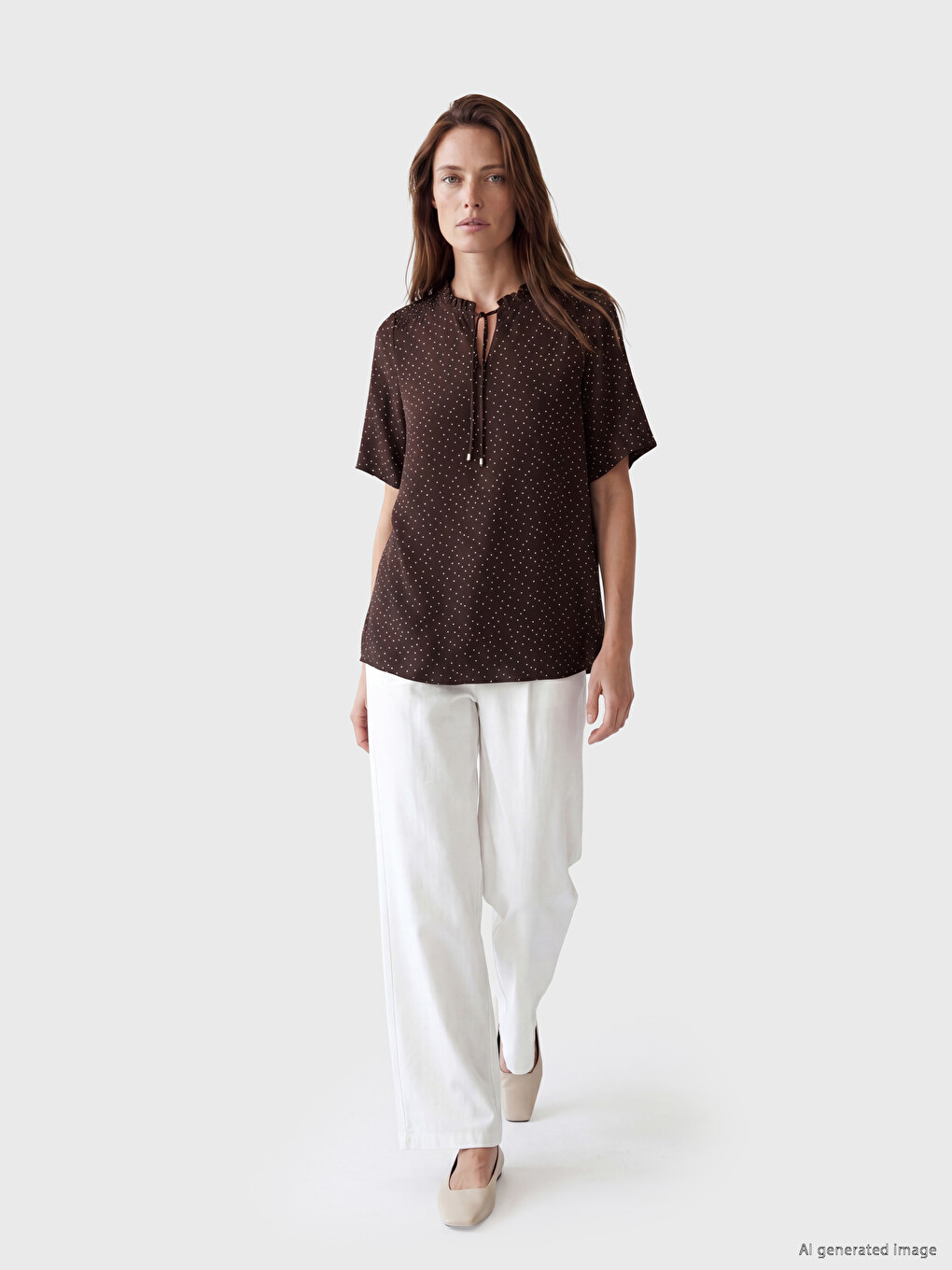Tie Neck Frilled Polka Dot Blouse-1