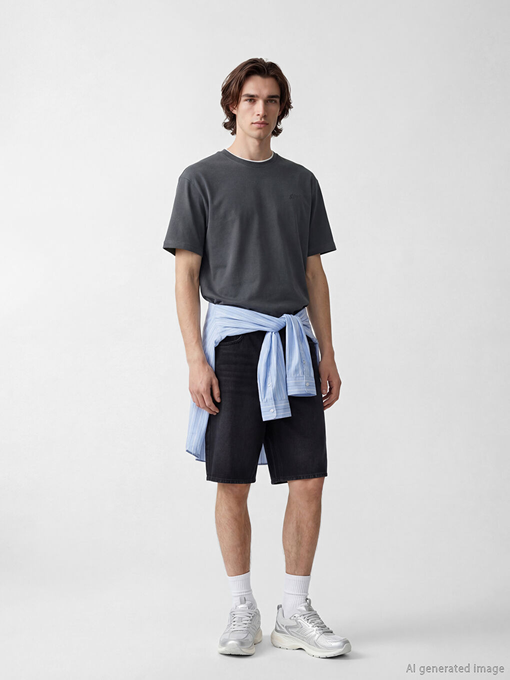 Antrasit Bisiklet Yaka Nakışlı Erkek Tişört-1