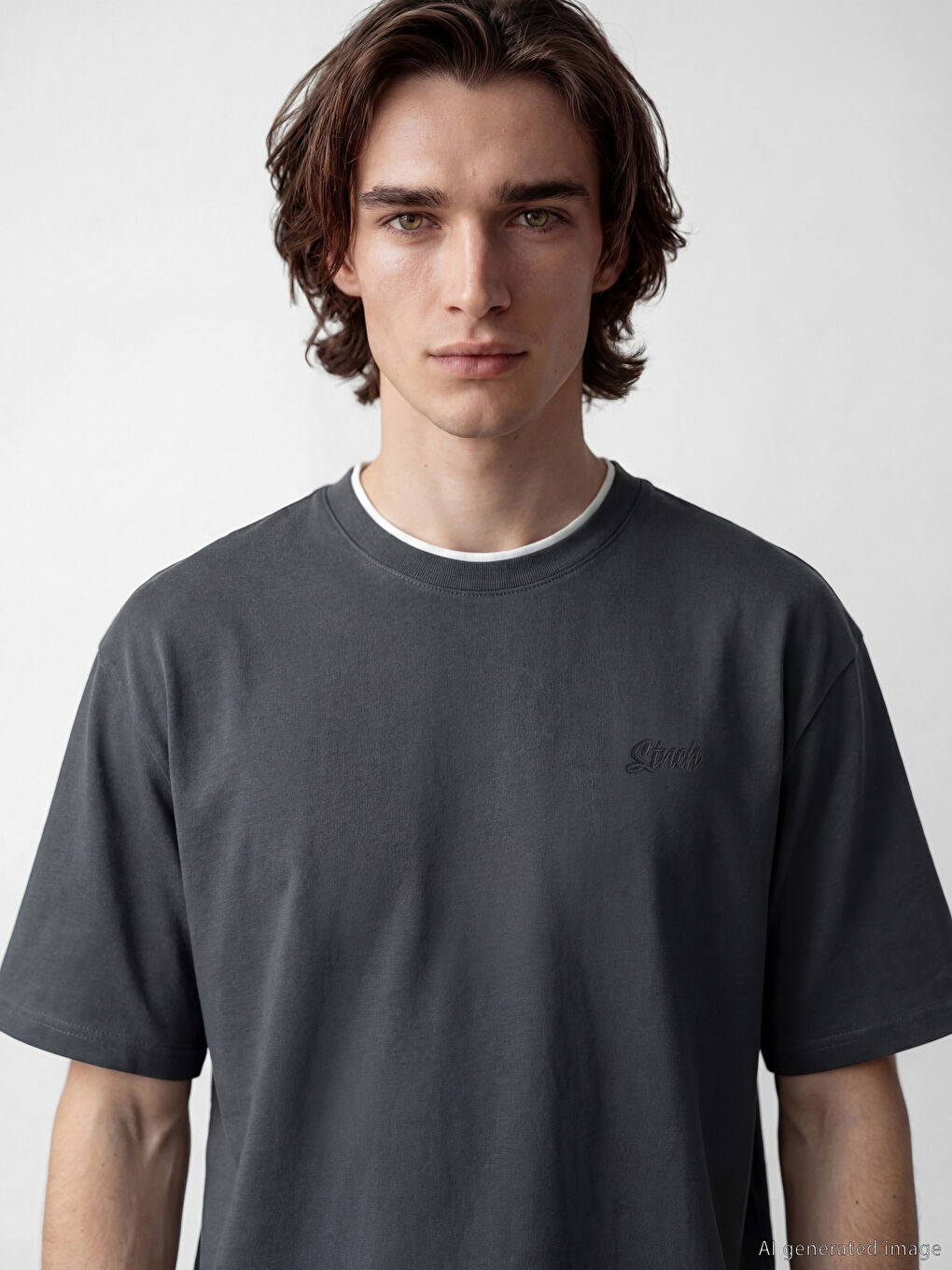 Antrasit Bisiklet Yaka Nakışlı Erkek Tişört-2