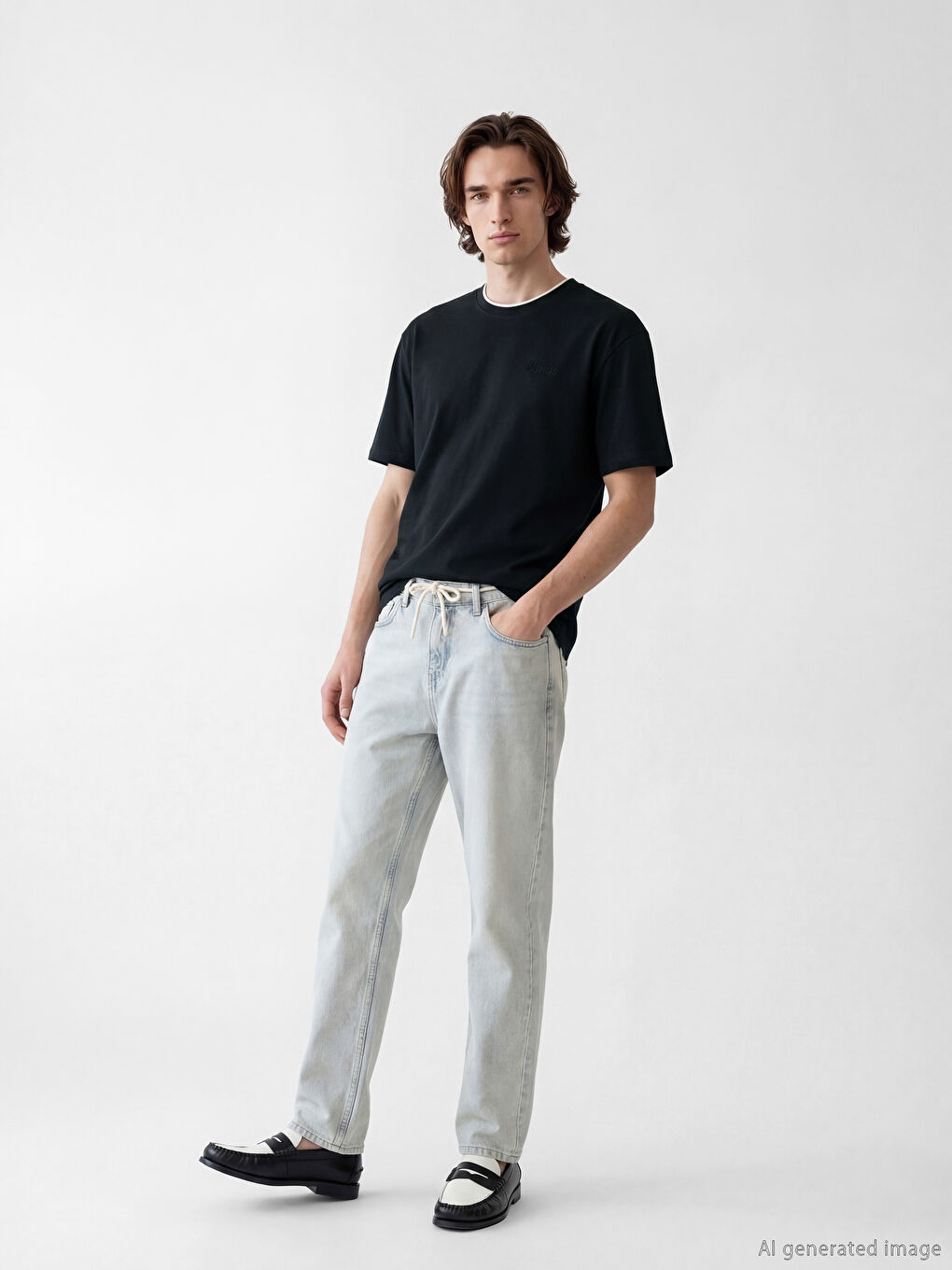 Siyah Bisiklet Yaka Nakışlı Erkek Tişört-1