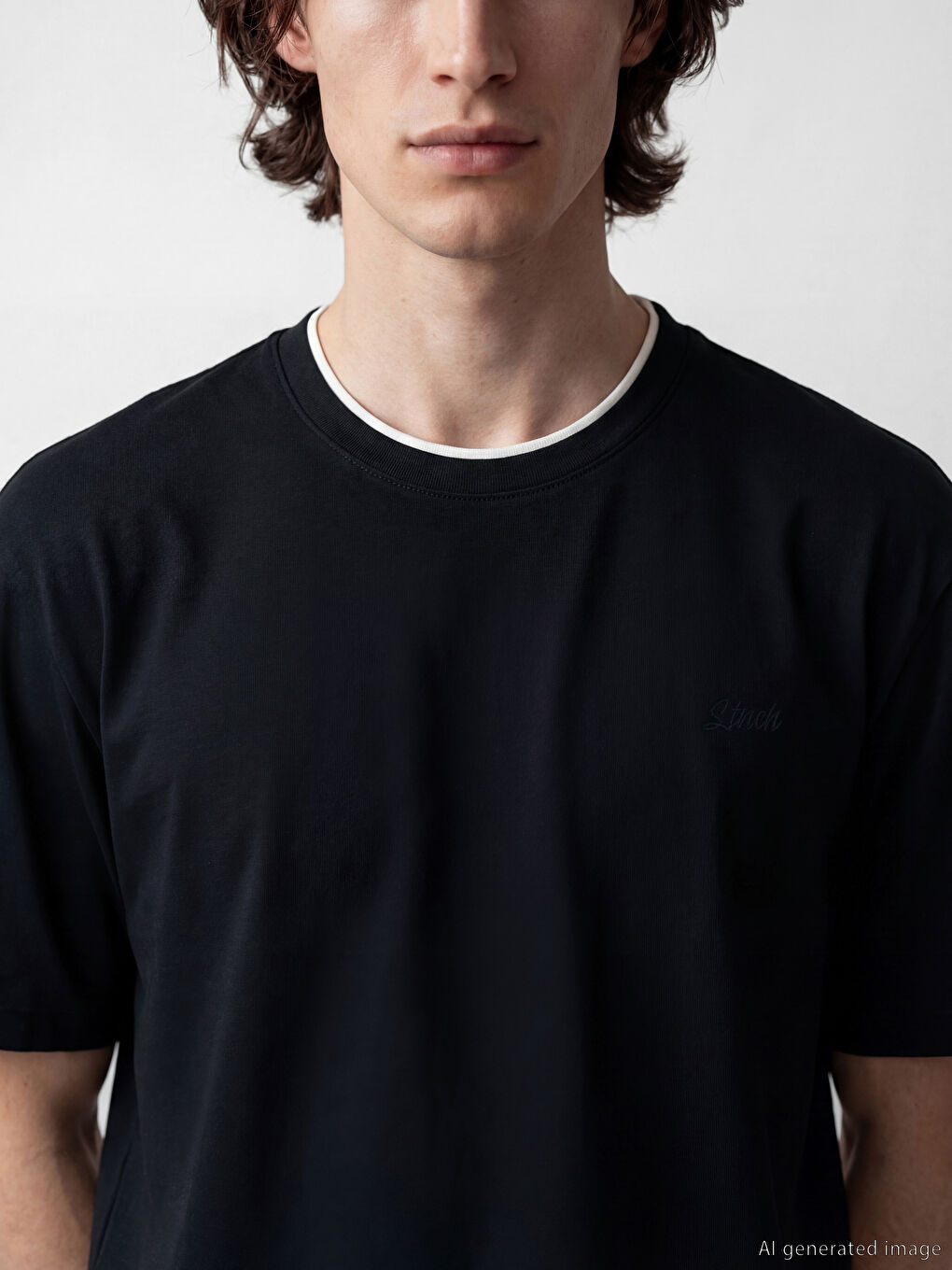 Siyah Bisiklet Yaka Nakışlı Erkek Tişört-2