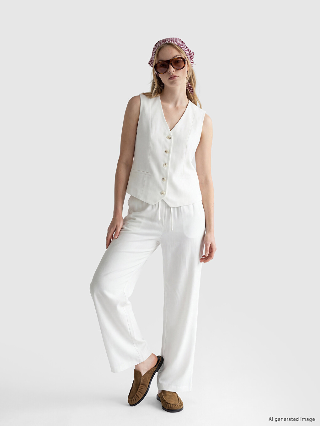 Ženski klasični prsluk od mešavine lana sa V izrezom-1