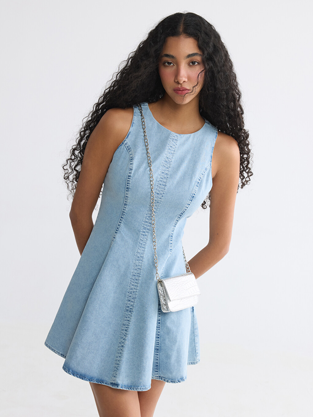 Crew Neck A-Line Mini Jean Dress-1