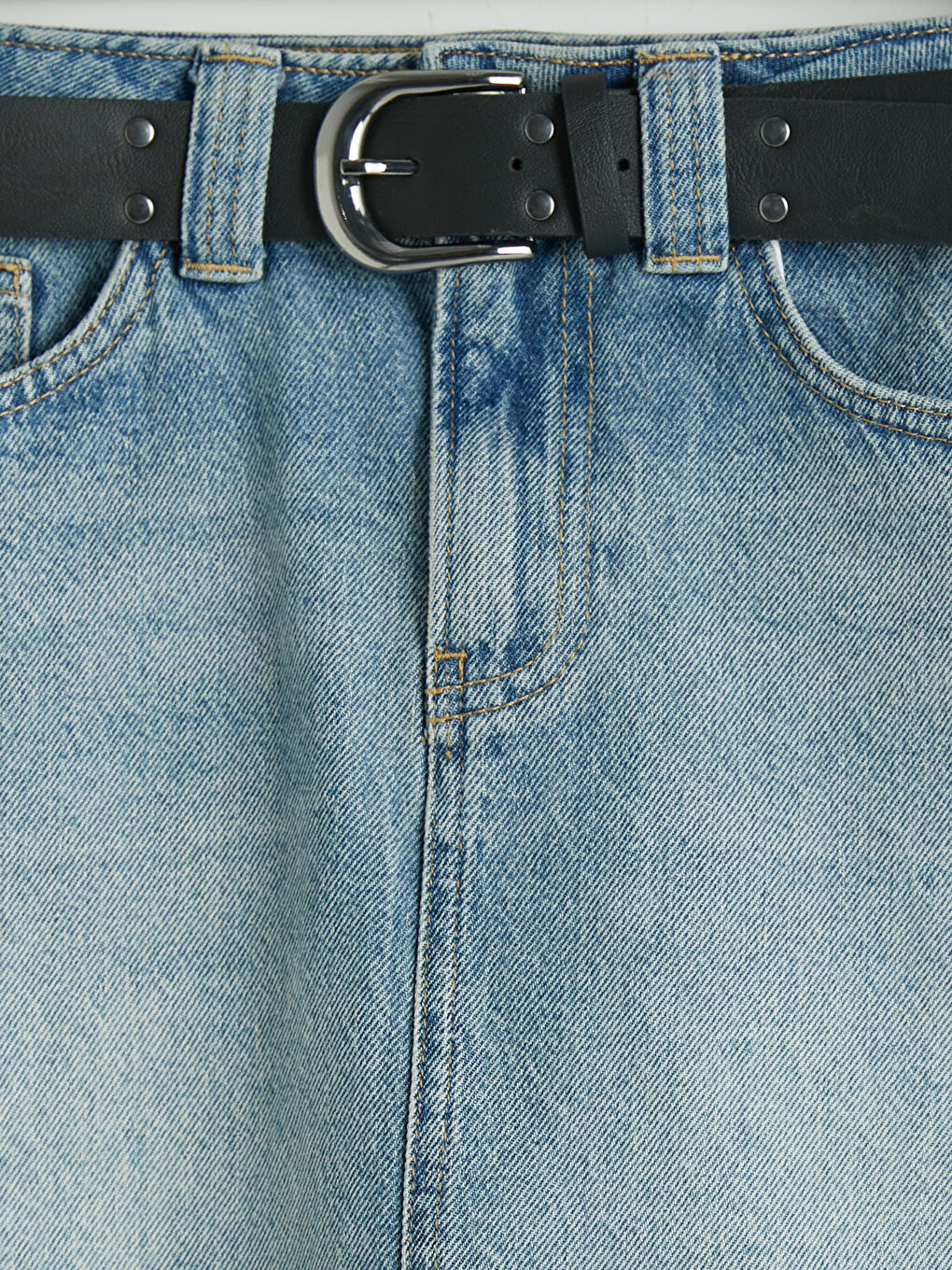 Mavi Beli Kemerli Mini Jean Etek-2