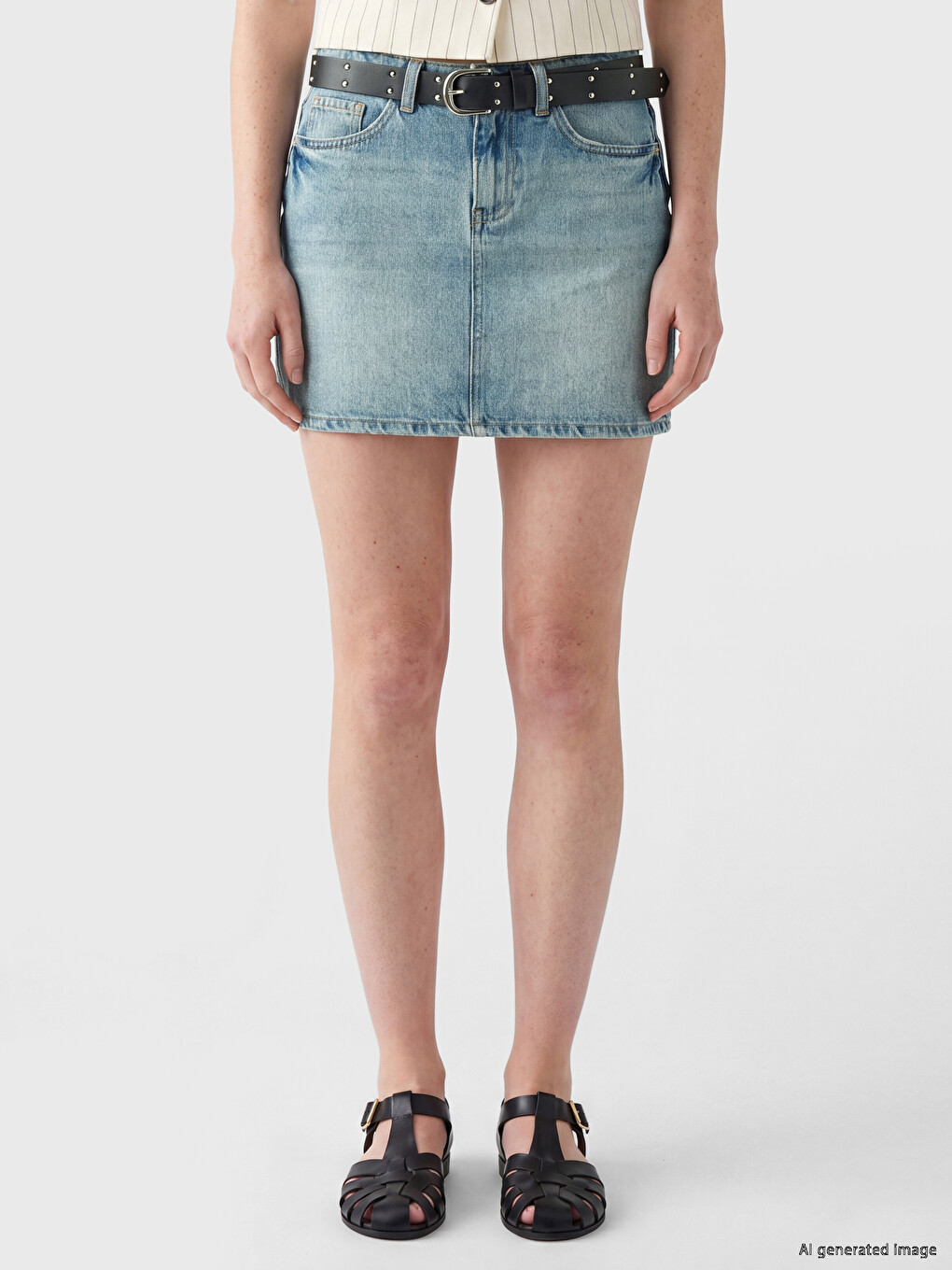 Belted Waist Mini Denim Skirt-1