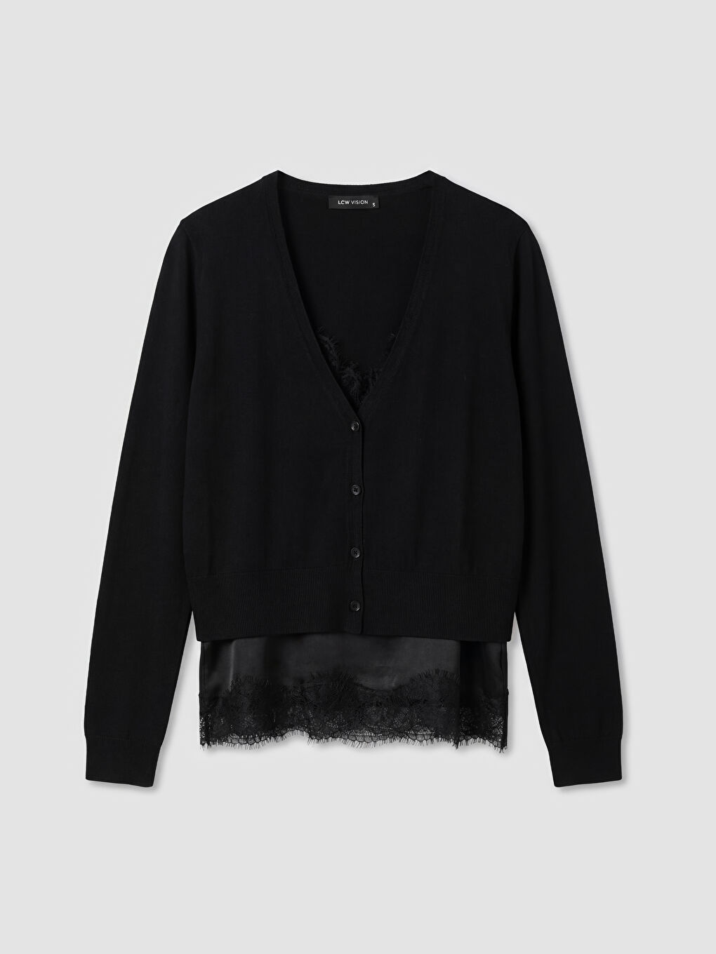 Siyah V Yaka Dantel Detaylı Kadın Triko Hırka