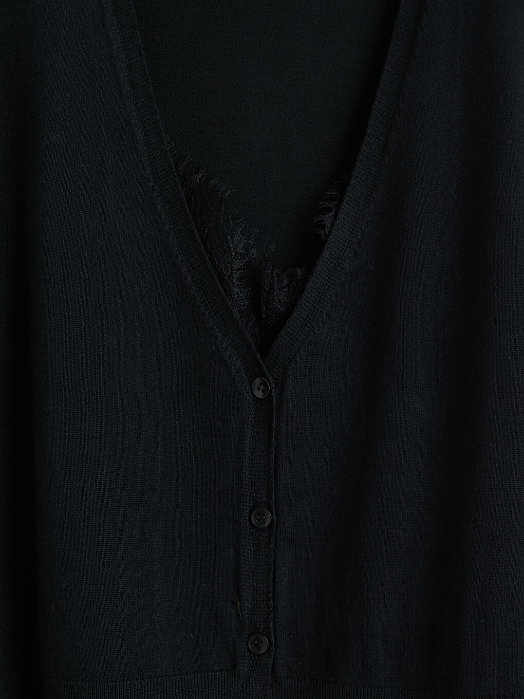 Siyah V Yaka Dantel Detaylı Kadın Triko Hırka-2