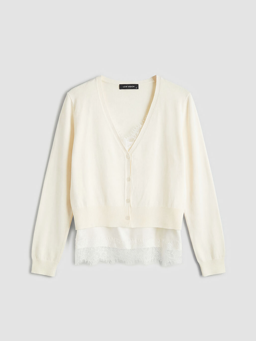 Ekru V Yaka Dantel Detaylı Kadın Triko Hırka