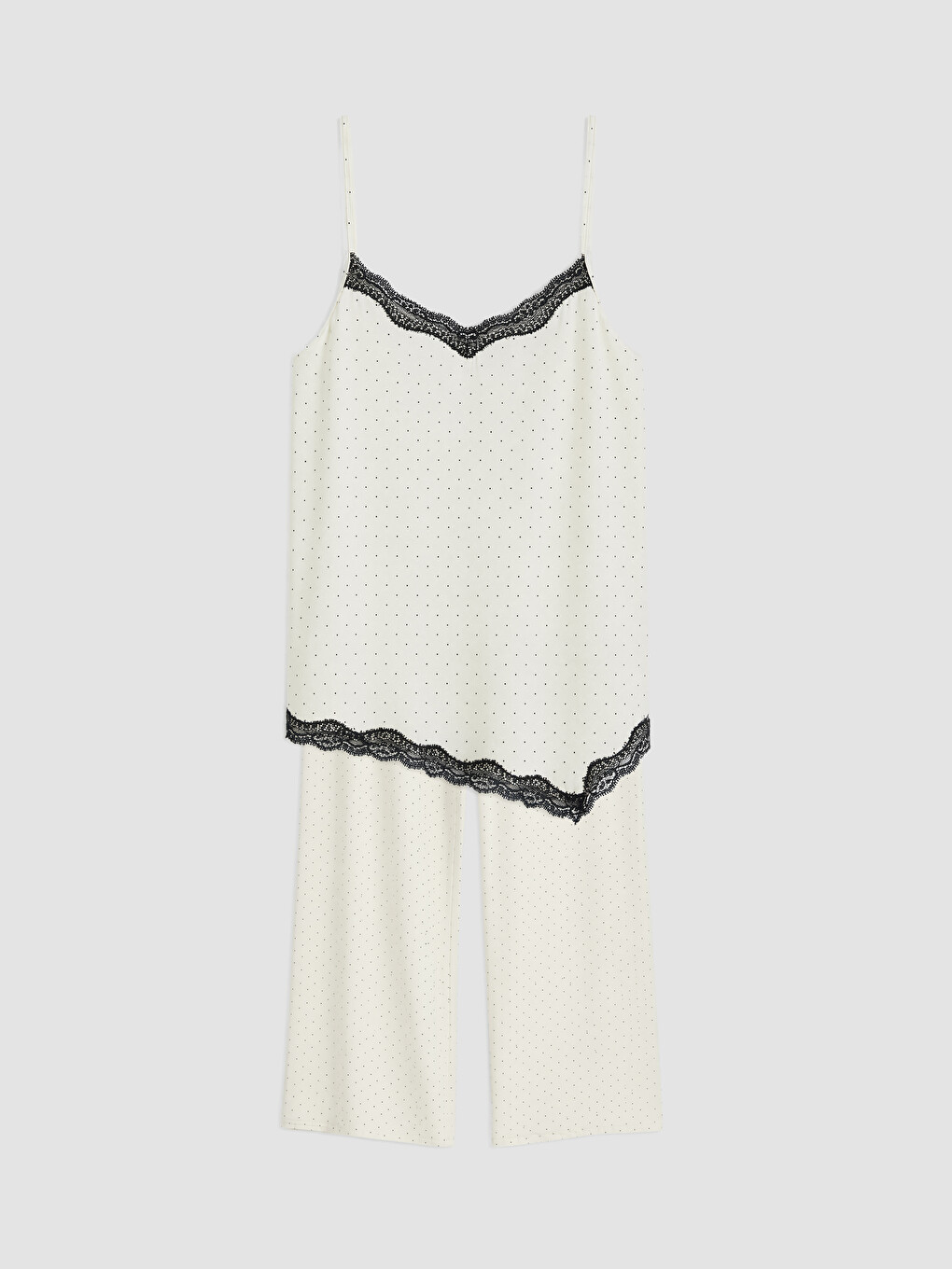 Ekru İp Askılı Puantiyeli Kadın Pijama Takım