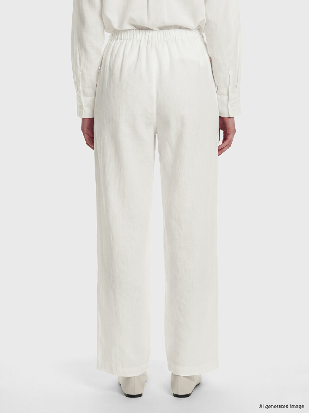 Beyaz Beli Lastikli Kadın Müslin Pantolon-3
