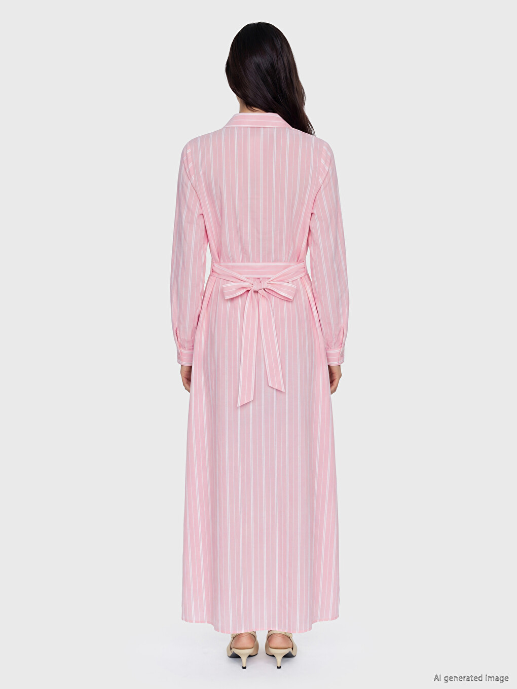 Pembe Çizgili Kuşaklı Gömlek Elbise-3