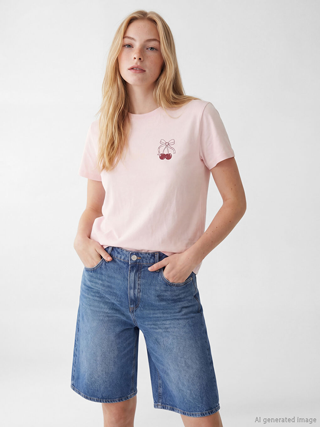 Pembe Bisiklet Yaka Baskılı Kadın Tişört