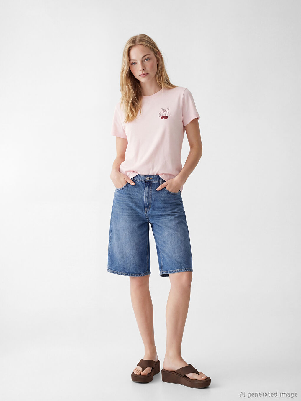 Pembe Bisiklet Yaka Baskılı Kadın Tişört-1