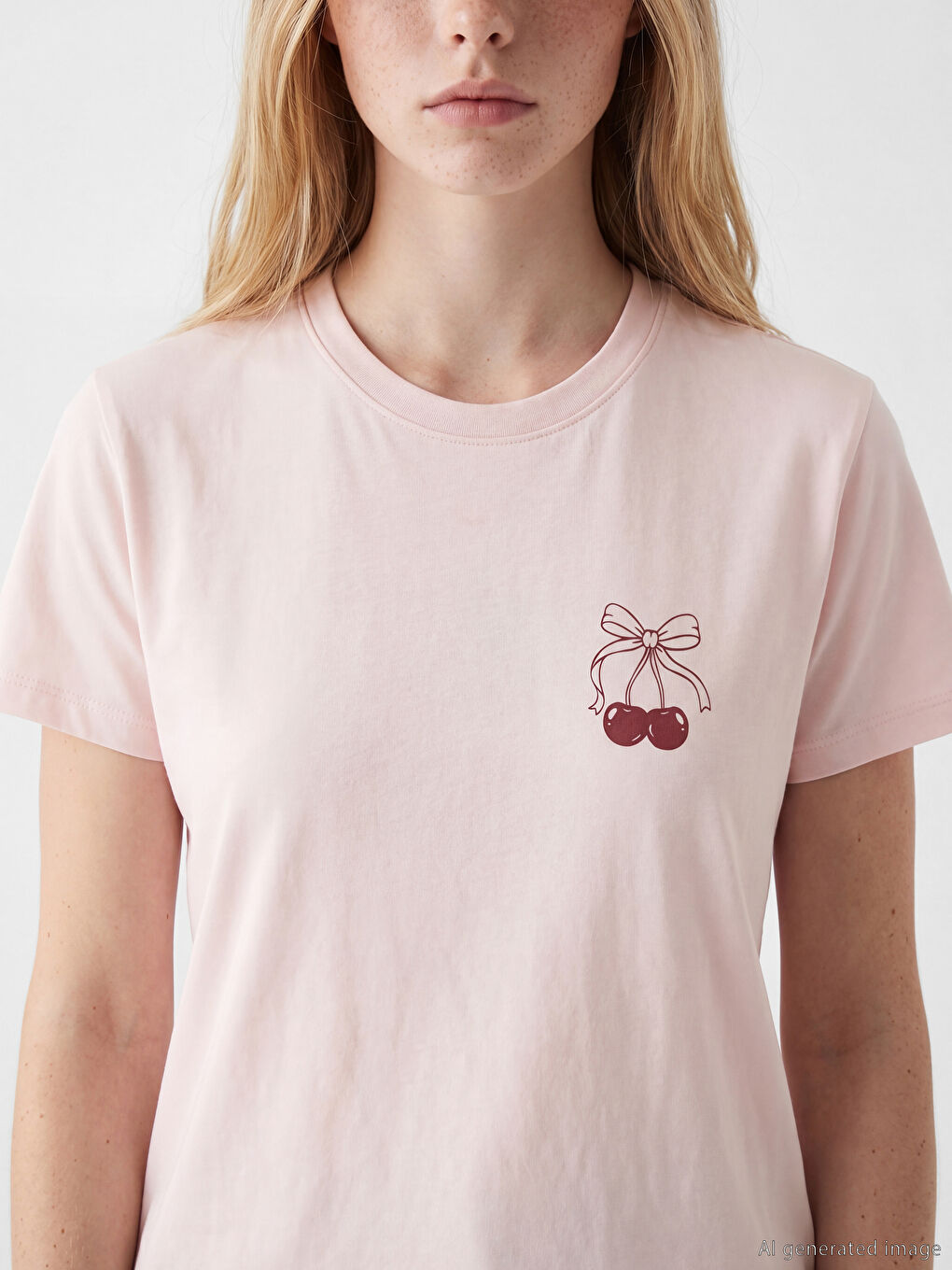 Pembe Bisiklet Yaka Baskılı Kadın Tişört-2