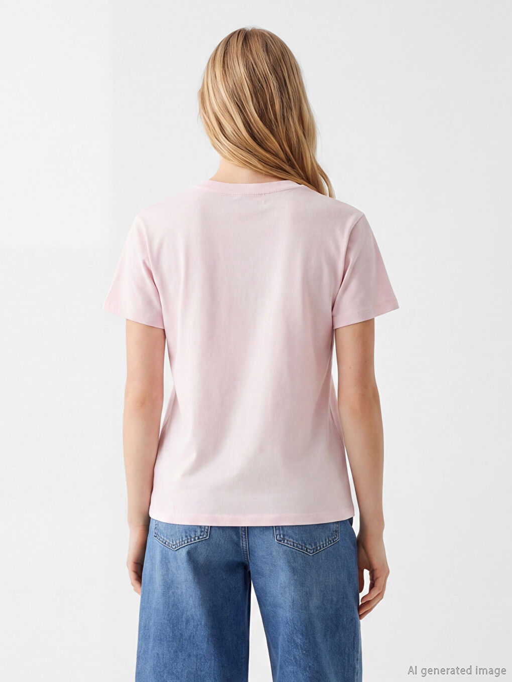 Pembe Bisiklet Yaka Baskılı Kadın Tişört-3