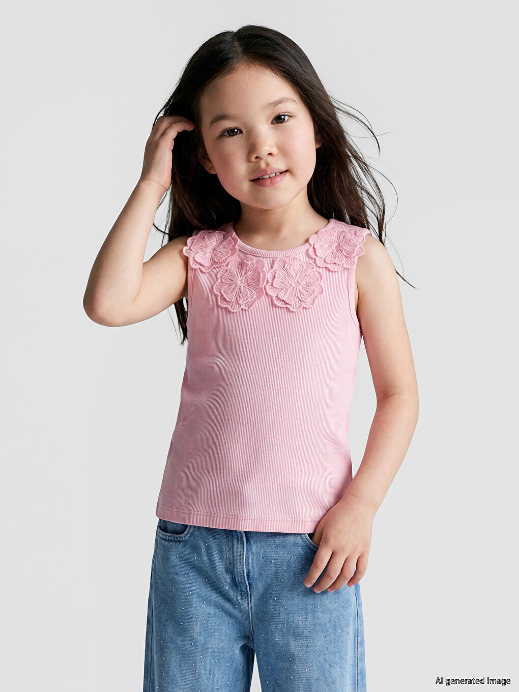 Flower Detailed Girls' Ribbed Tank Top-1