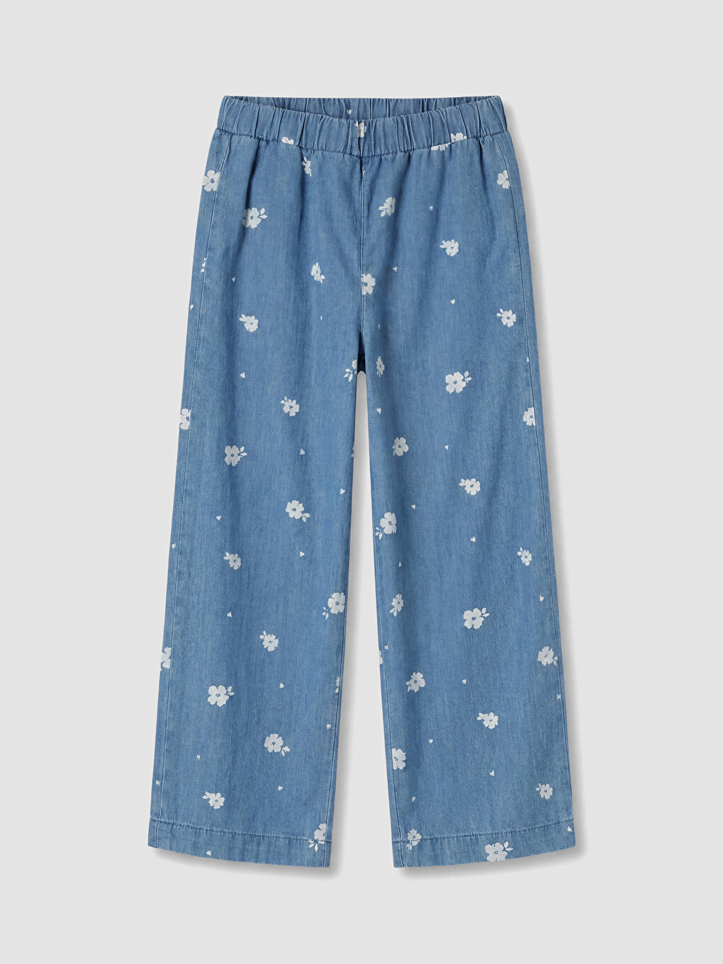 İndigo Çiçekli Wideleg Kız Çocuk Jean Pantolon