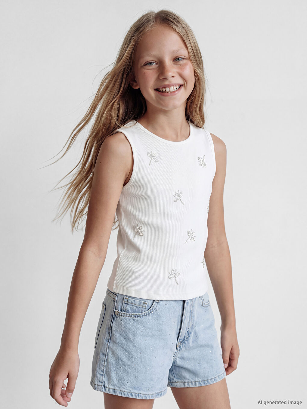 Crew Neck Beaded Girls' Tank Top