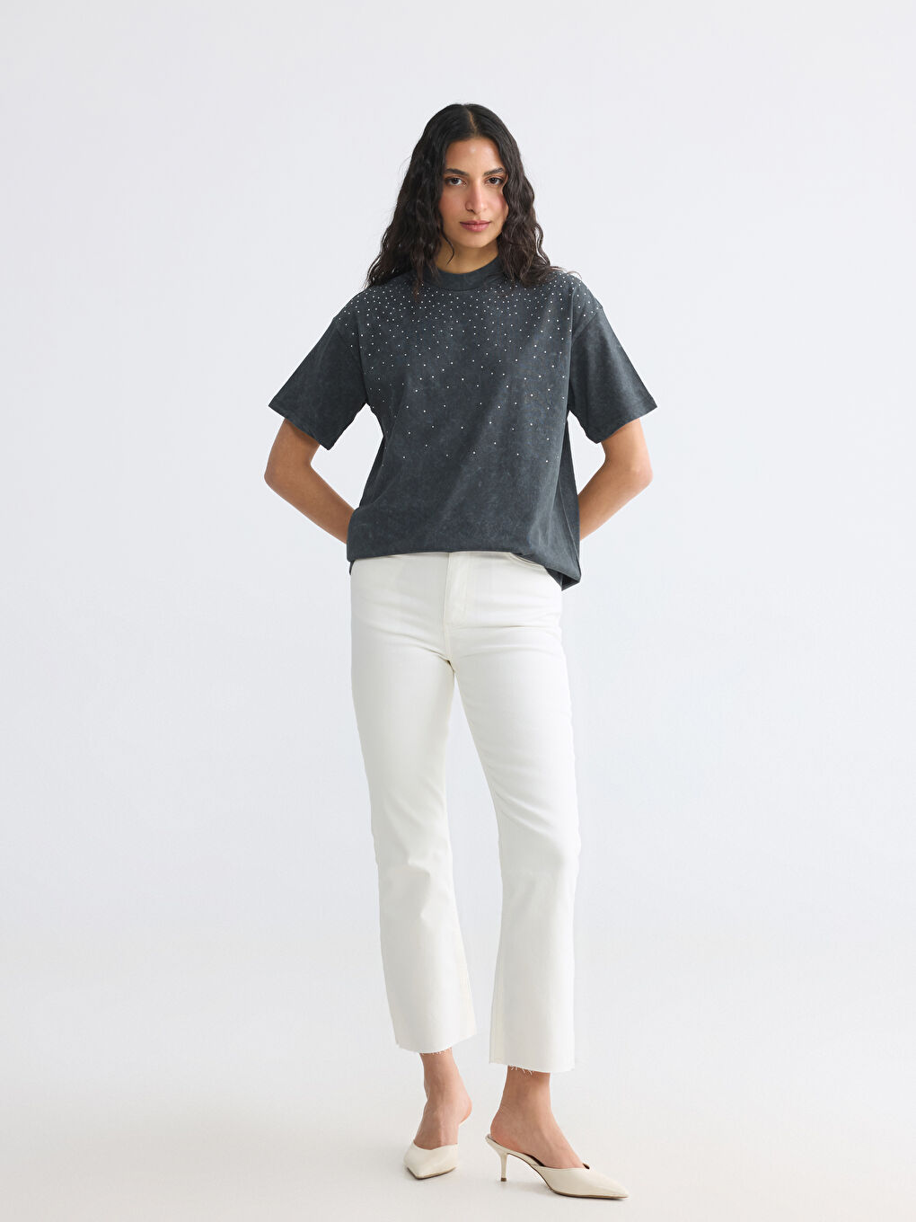 Crew Neck Rhinestone Embellished Blouse-1