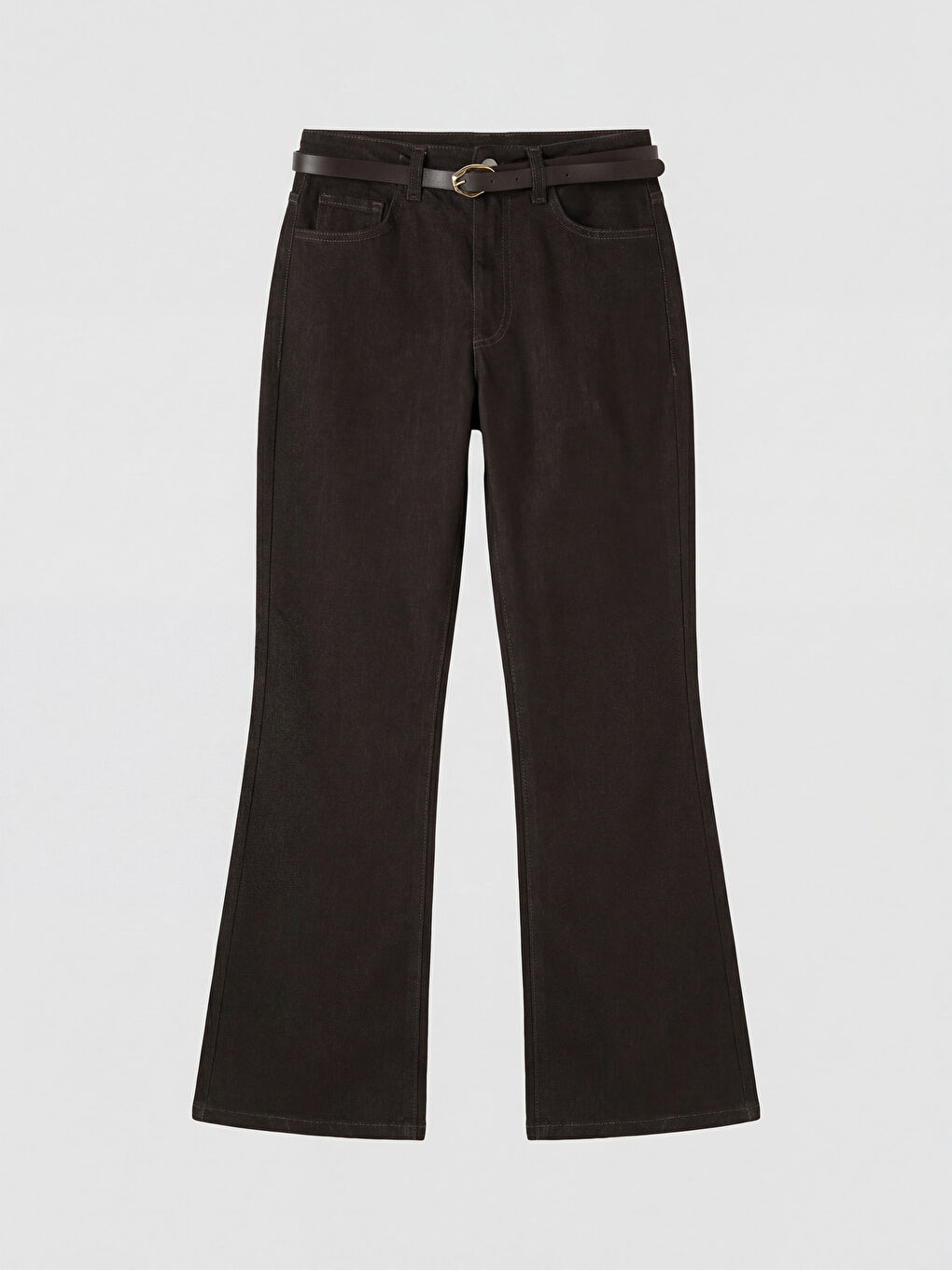 Kahverengi Beli Kemerli Flare Kadın Jean Pantolon