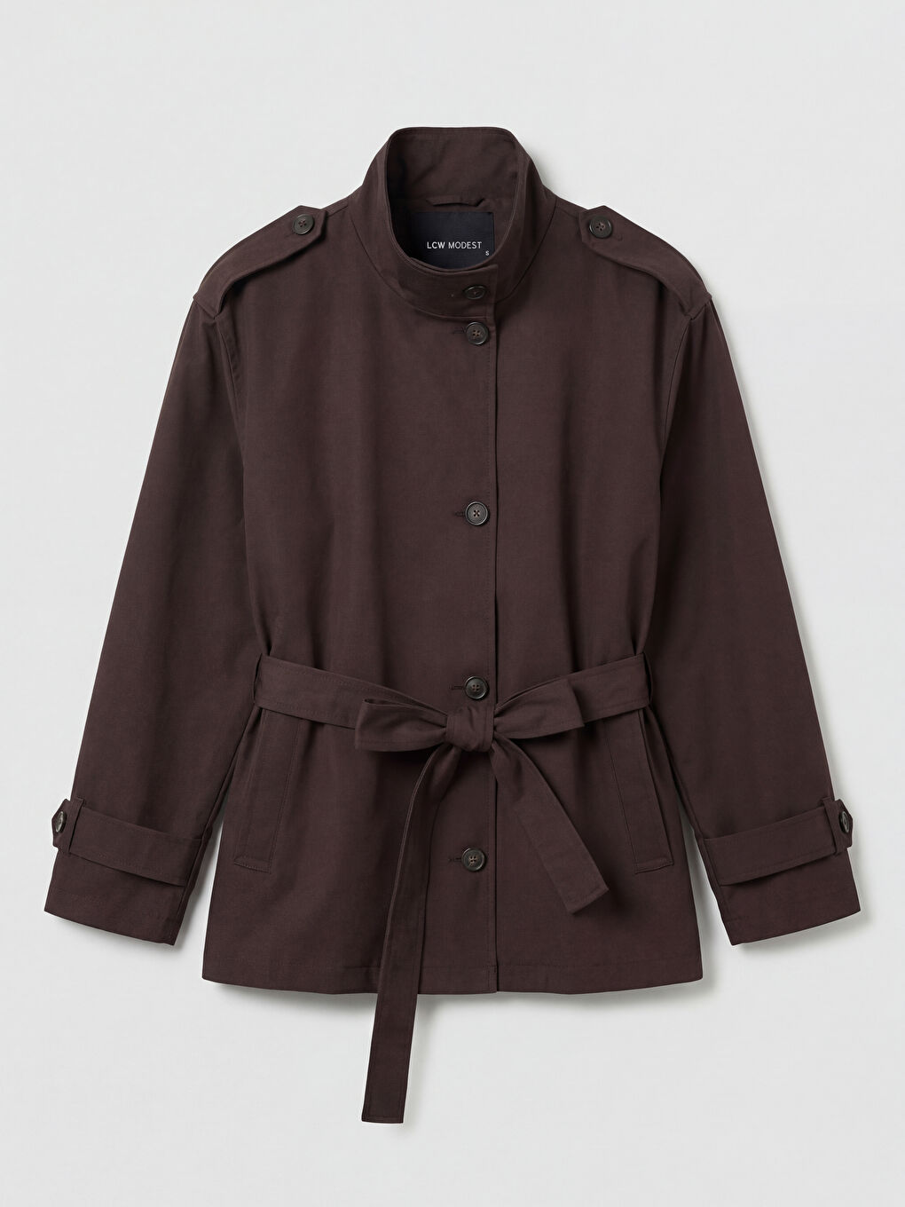 Kahverengi Dik Yaka Kuşaklı Kadın Trençkot