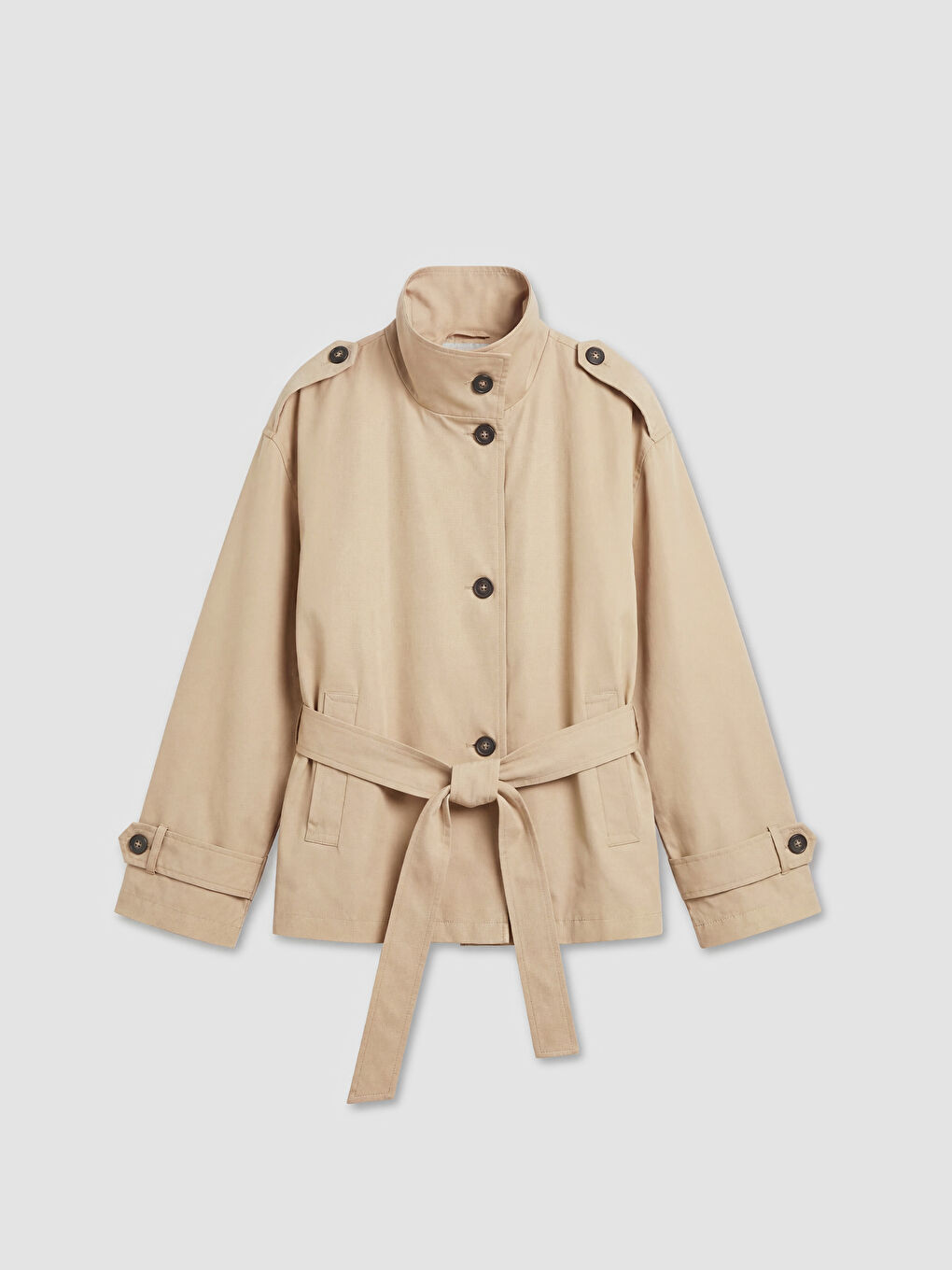 Bej Dik Yaka Kuşaklı Kadın Trençkot