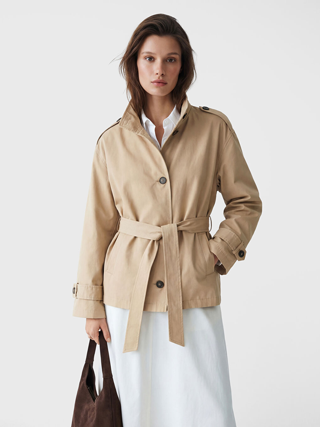 Mock Neck Women's Trench Coat with Sash