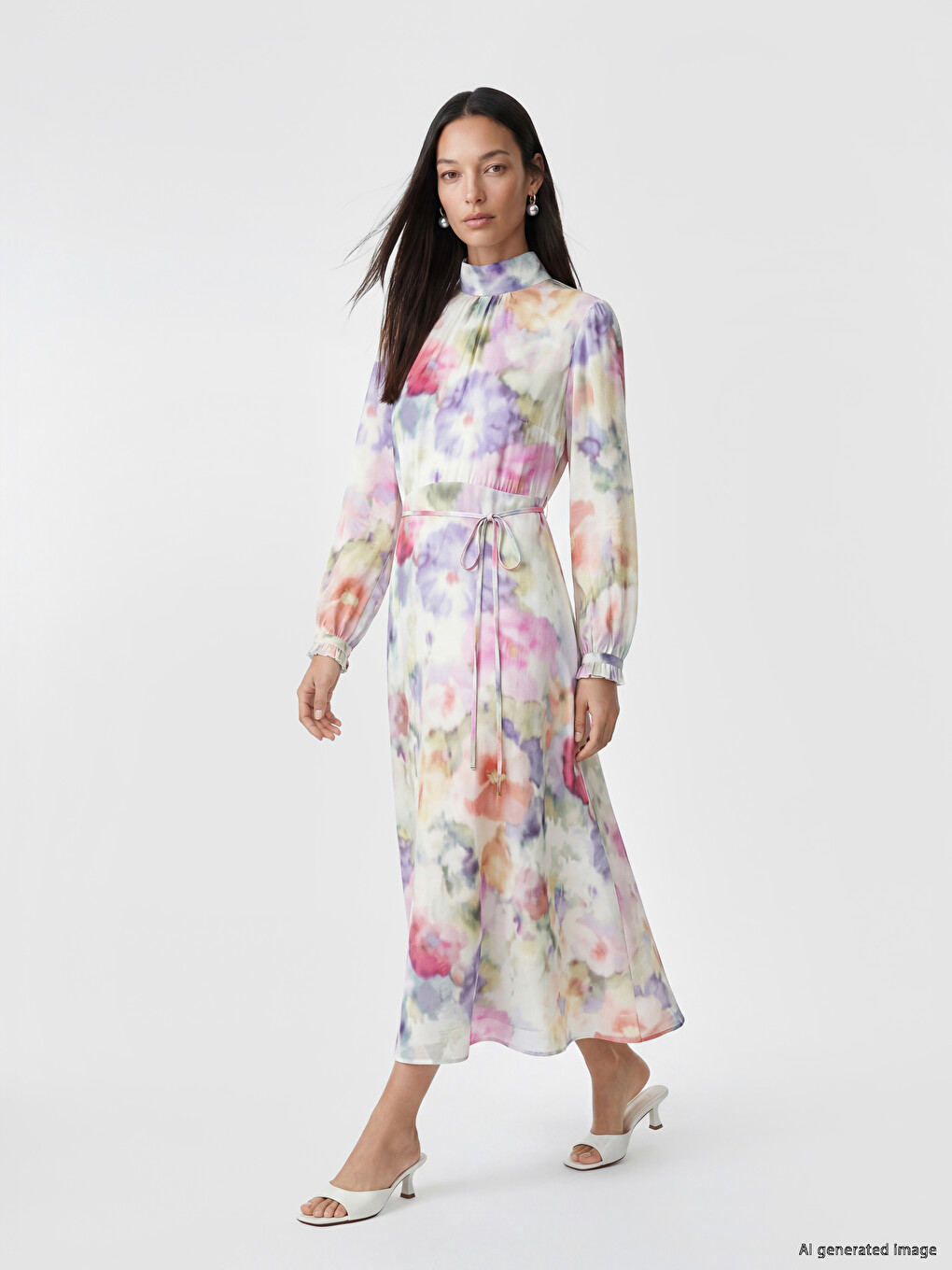 Mock Neck Tie-dye Patterned Sash Belted Dress
