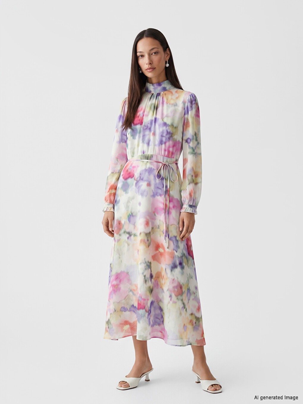 Mock Neck Tie-dye Patterned Sash Belted Dress-1