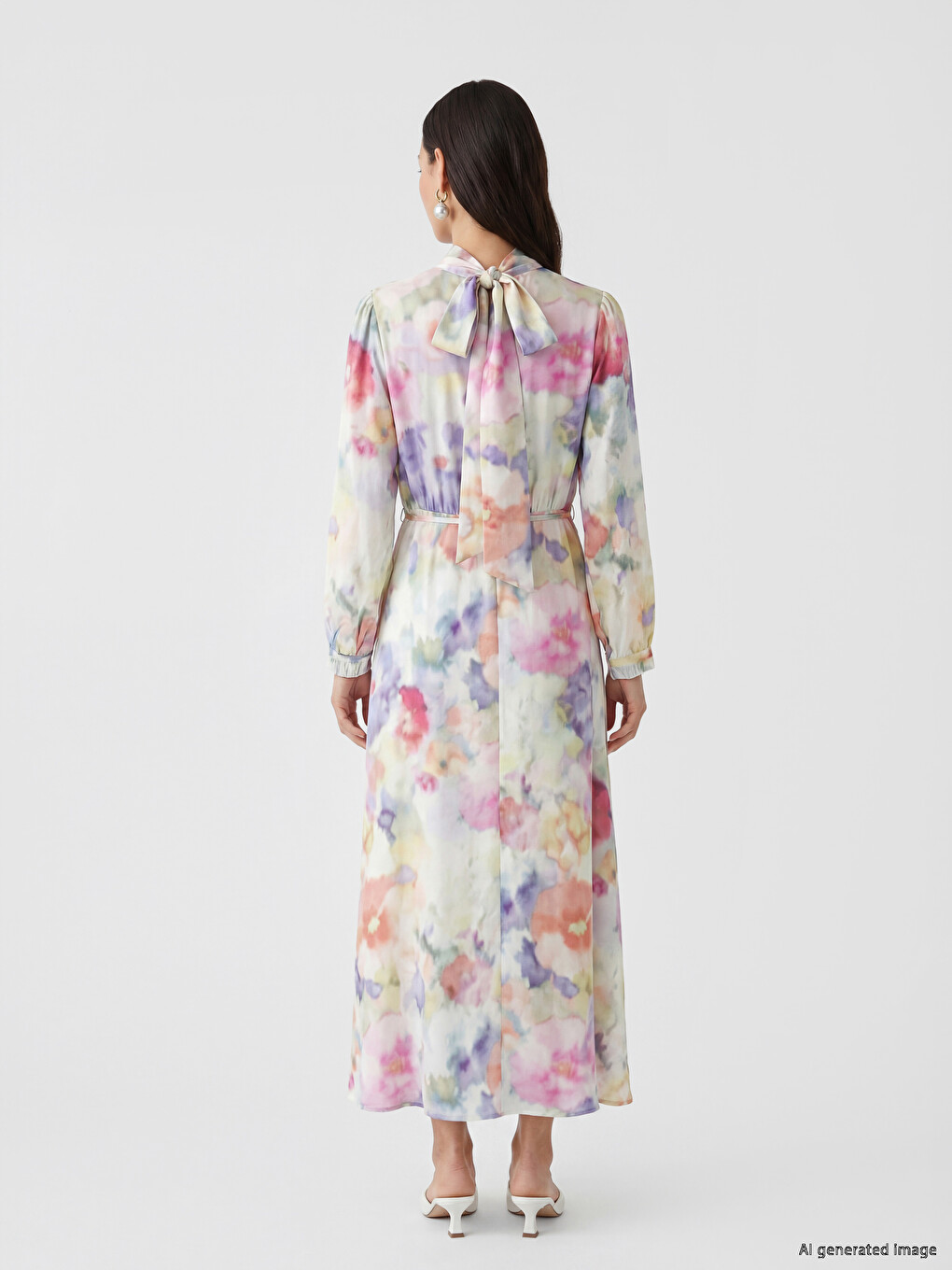 Mock Neck Tie-dye Patterned Sash Belted Dress-3