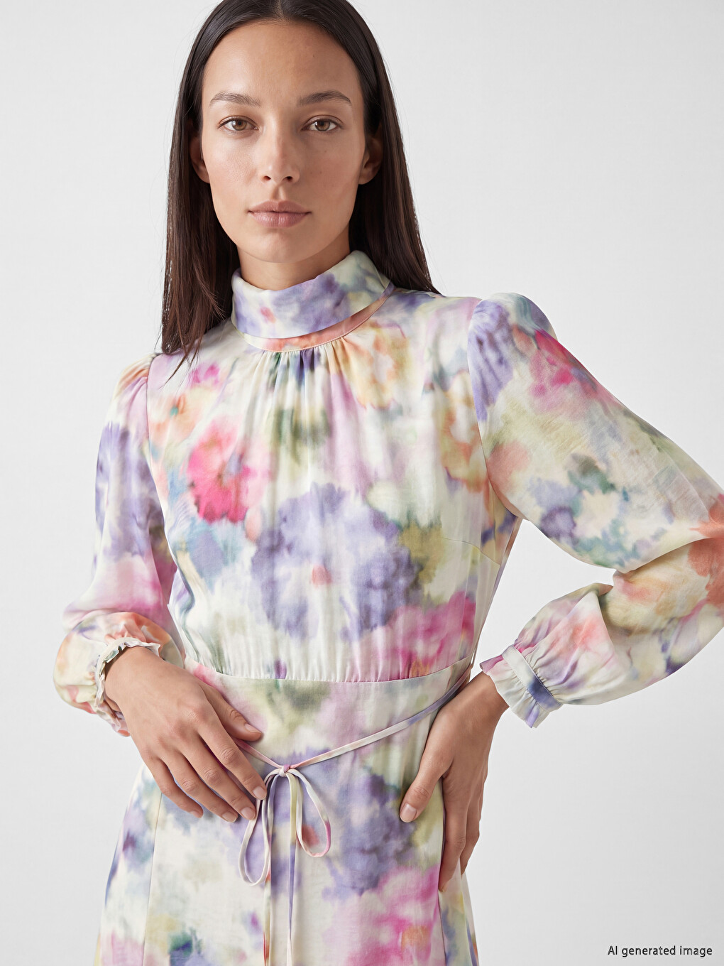 Mock Neck Tie-dye Patterned Sash Belted Dress-1