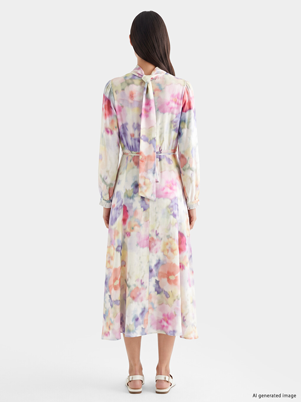 Mock Neck Tie-dye Patterned Sash Belted Dress-3