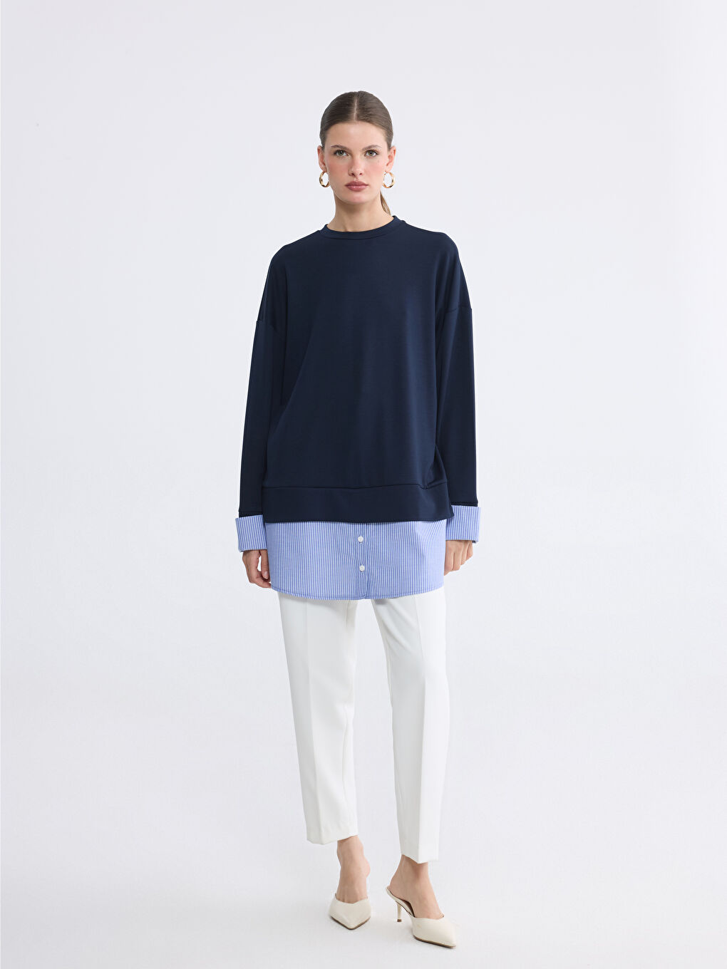 Lacivert Bisiklet Yaka Oversize Kadın Tunik	-1