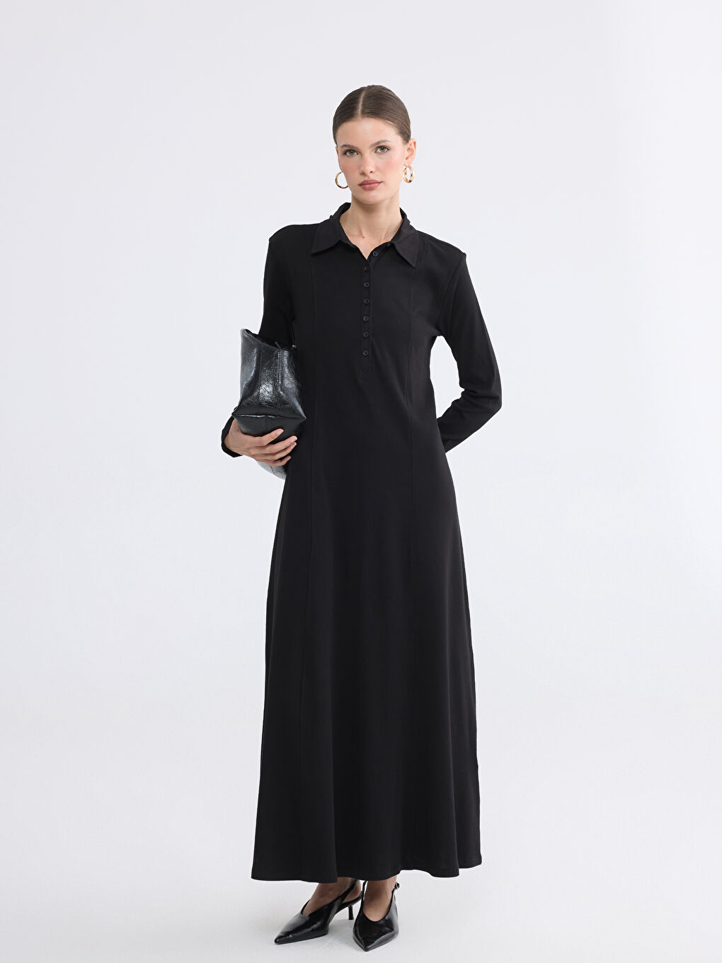 Siyah Gömlek Yaka Belden Oturmalı Elbise-1