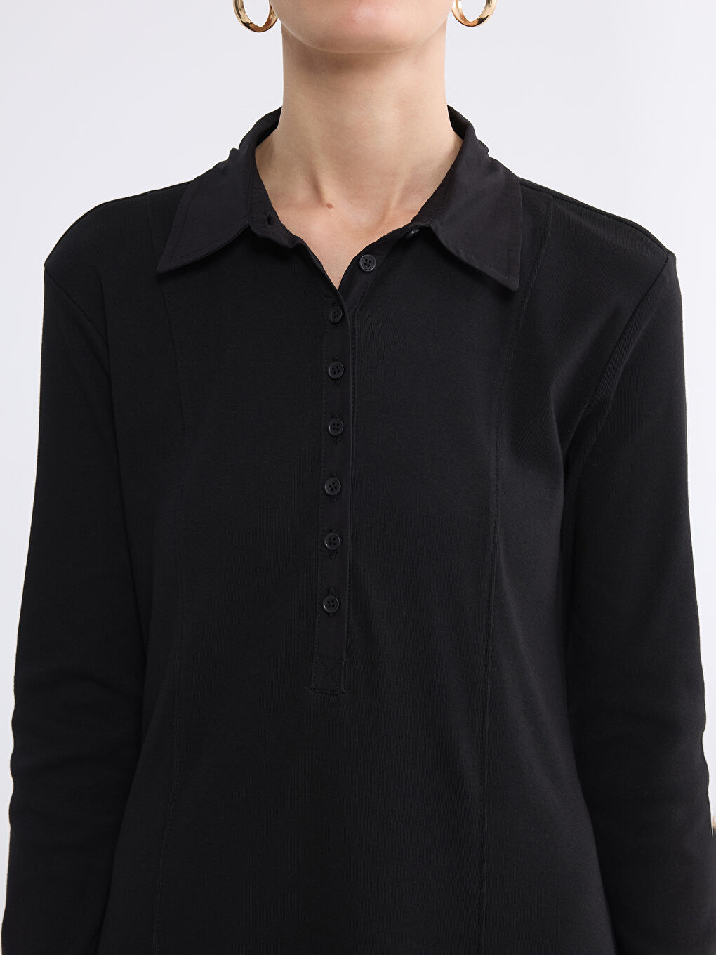 Siyah Gömlek Yaka Belden Oturmalı Elbise-2