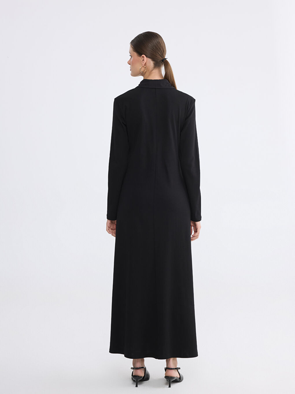 Siyah Gömlek Yaka Belden Oturmalı Elbise-3